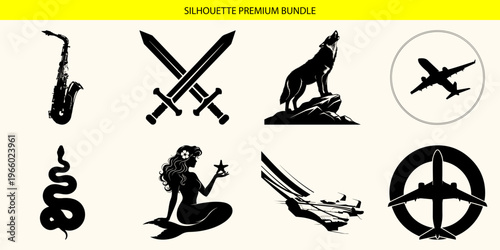 Collection of various black silhouettes on white