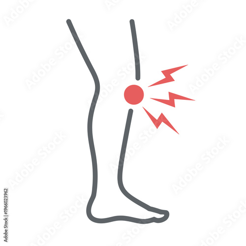 Illustration of a leg with knee pain indicated by a red circle and sparks