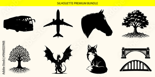 Black silhouettes of various objects and animals