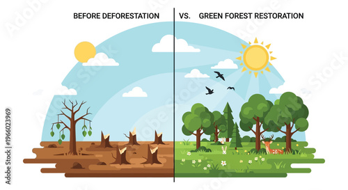 A stark comparison illustrates deforestation s impact versus successful green forest restoration featuring a dramatic silhouette high quality professional detailed modern elegant