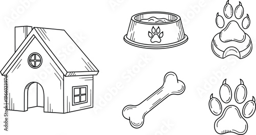 Illustrations of a doghouse and essential pet items for canine care Vector