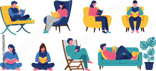 People reading books in different poses collection, cozy home activities, men and women relaxing with books modern flat vector illustration set