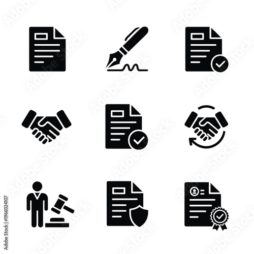 Black icons depicting contracts agreements legal processes and handshakes