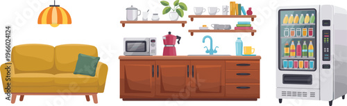 Modern cozy living room and kitchen interior with sofa wooden cabinets shelves coffee setup and vending machine illustration