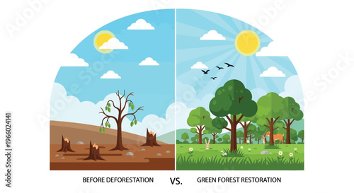 A contrasting view depicts deforestation versus green forest restoration emphasizing environmental impact as a stark silhouette high quality professional detailed modern