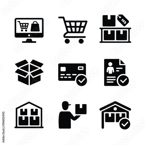 E commerce and logistics icons shopping delivery storage and payment