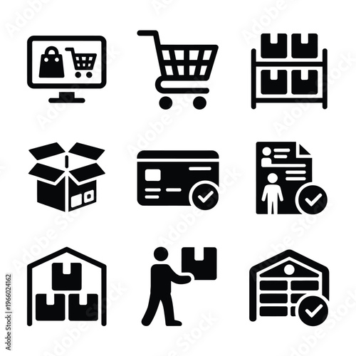 E commerce and logistics icons depicting online shopping delivery and warehousing