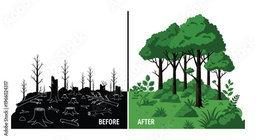 A stark contrast depicts deforestation and reforestation efforts showcasing environmental damage and recovery a powerful silhouette high quality professional detailed