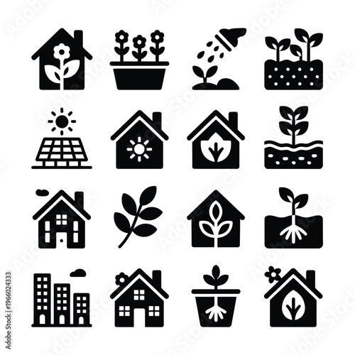 Black silhouette icons depicting gardening plants houses and natural elements