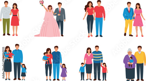 Set of Family Illustrations Featuring Couples, Parents with Children, Wedding, and Grandparents in Various Poses