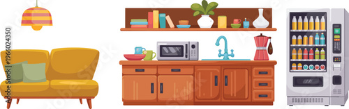 Stylish modern living room and kitchen interior with cozy sofa wooden cabinets shelves coffee maker and vending machine illustration