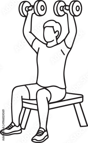 Man Doing Dumbbell Shoulder Press Exercise – Fitness Training, Gym Workout Concept Minimal Line Art