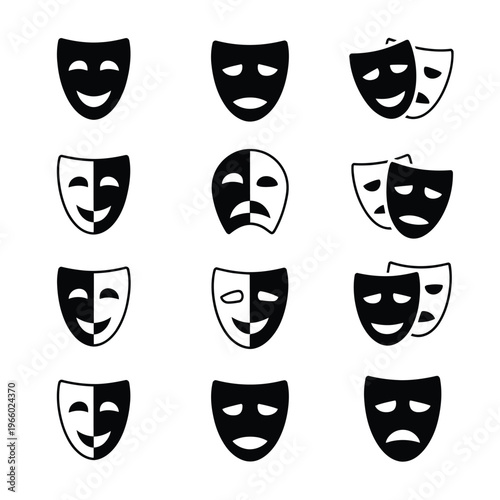 Collection of black theatrical masks displaying various emotional expressions