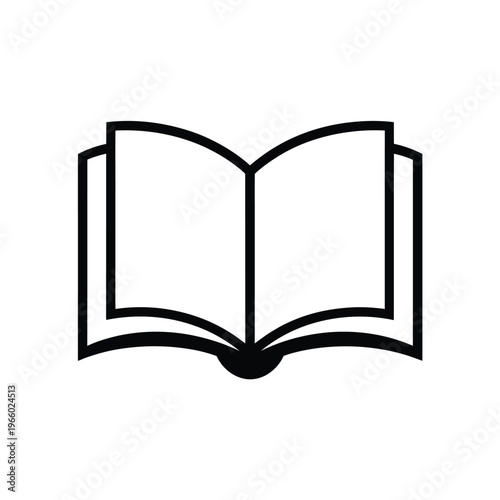 Simple black and white illustration of an open book on a white background