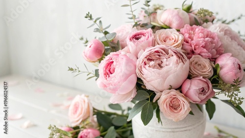 Fresh Pink Peonies and Roses Bouquet with Copy Space - 5