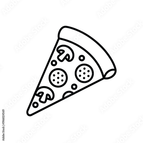 A simple line drawing depicts a single slice of pizza with toppings