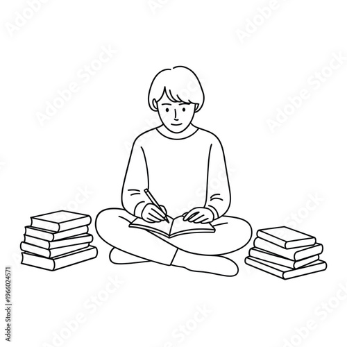 A young person sits cross legged studying with books and a pen