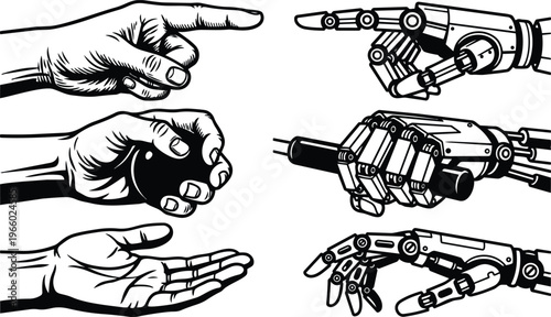 Human and robotic hands set showing pointing grasp and open palm in black and white line art