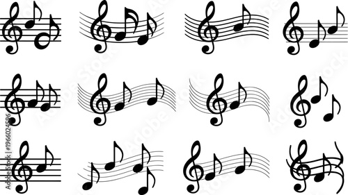 a collection of black musical notes and symbols on a white background