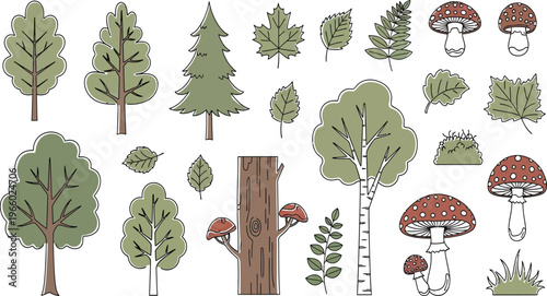 Whimsical illustration of diverse forest flora and fungi in a pixel art style Vector