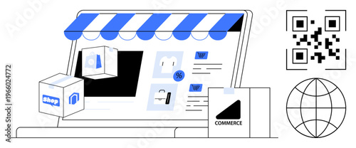 E-commerce, online shopping, digital payments, global trade, mobile transactions, marketing. Digital storefront on laptop, QR code product images delivery boxes. E-commerce and online shopping