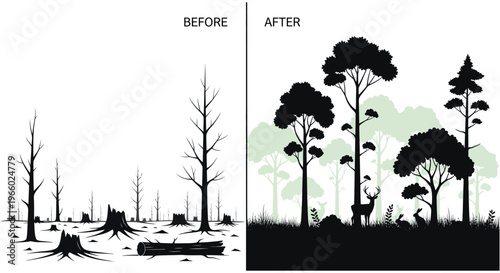 A stark comparison showcasing forest recovery from barren landscape to lush growth presented as a dramatic silhouette high quality professional detailed