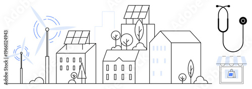Renewable energy, smart cities, eco-technology, sustainable living, green healthcare, renewable resources. Urban buildings with solar panels, wind turbines, and trees alongside a stethoscope