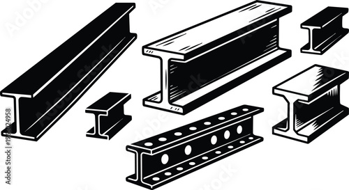 Black and white vector line art assortment of seven steel i beams and perforated girder