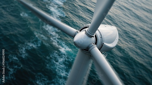 Wind turbine located in ocean water. Offshore wind farm generator producing renewable electric energy. Sustainable power source for environment protection and climate change mitigation concept.