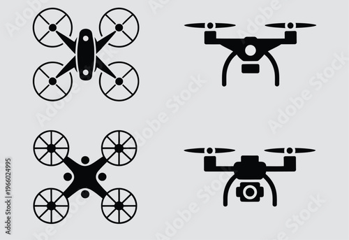 Four types of quadcopter drones with distinct structural designs shown in black and white Vector, illustration
