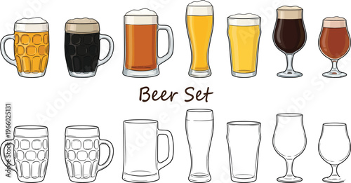A set of various beer glasses and mugs filled with different types of beer