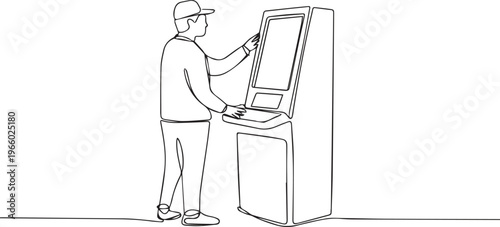 Minimalist Line Art Man Using Self Service Kiosk – Digital Payment, Touch Screen Technology and Automated Service Concept