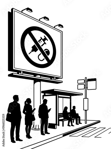 Anti drug clinic poster with hotline symbol and waiting area