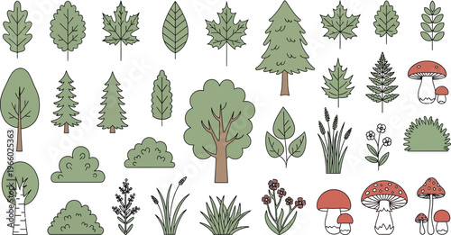 Diverse collection of forest icons and nature illustrations with highlighted elements Vector