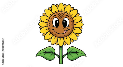 Smiling cartoon sunflower with face.