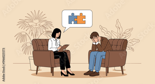 Psychologist therapy session illustration with patient and counselor, mental health support, conversation, problem solving concept modern flat vector scene