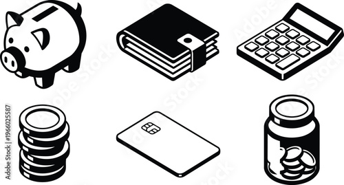 Black and white line art piggy bank wallet calculator coins and credit card icons set