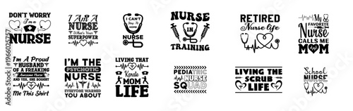 A collection of black and white nurse themed typography designs on a white background