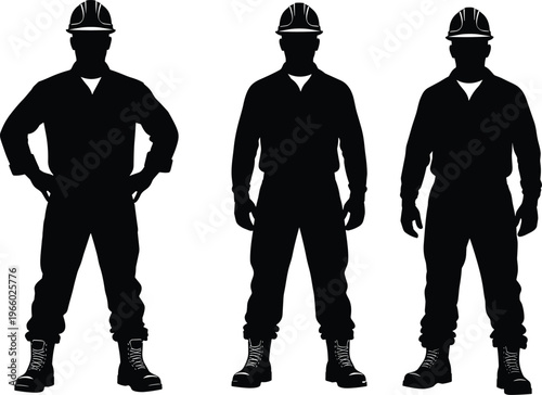 Construction worker silhouettes set with engineers wearing helmets, industrial labor icons for building industry, safety concept, workforce design and professional occupation illustration 