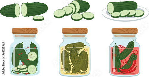 Pickled cucumber vector set with fresh slices, whole vegetables and glass jars, homemade pickles illustration collection isolated on white