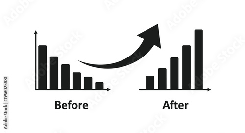 A graphic displaying business growth with bar charts labeled before and after shown in a stark silhouette high quality professional detailed
