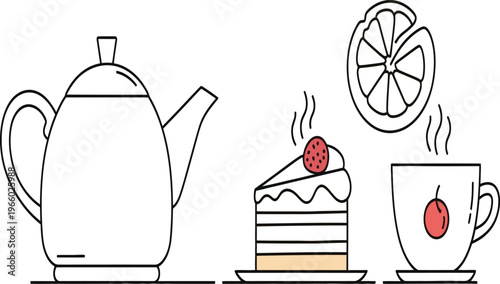 Classic tea time with cake and citrus garnish illustration Vector