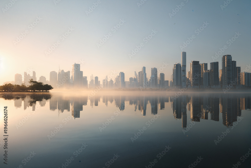 Naklejka premium Urban Lakescape with Sunrise Reflection and Modern Skyline