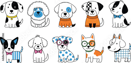 Adorable hand drawn cartoon puppy character collection featuring diverse breeds wearing colorful winter sweaters and cute fashion accessories.