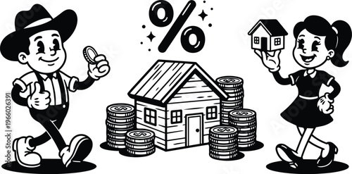 Retro cartoon man holding coin and woman holding miniature house with coins and percent sign black and white