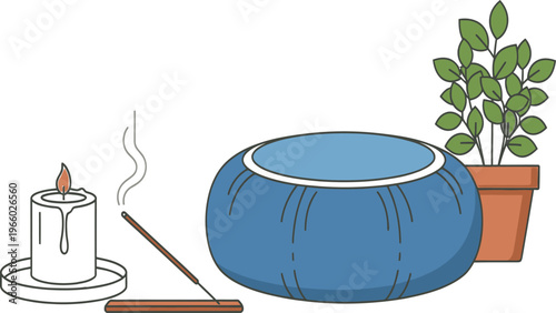 A serene depiction of a lit incense stick and a traditional blue ceramic pot with a plant nearby Vector