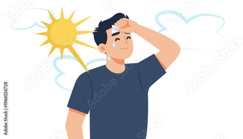 Young man sweating in the sun, feeling hot, cartoon style, bright colors, representation of summer on a transparent background