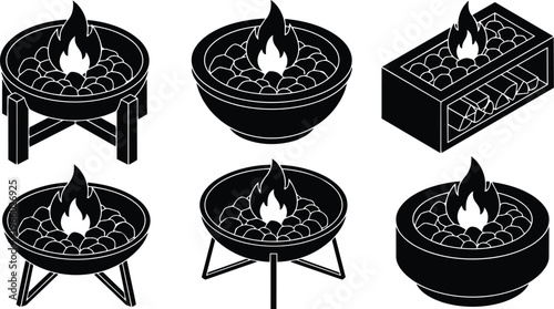 Round black and white fire bowl icons with stones and flame in line art