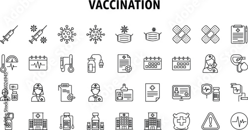 Vaccination medical line icons set including syringe virus mask healthcare symbols editable stroke vector illustration collection