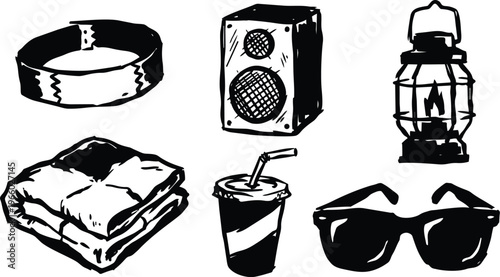 Black and white hand drawn wristband speaker lantern blanket cup and sunglasses set